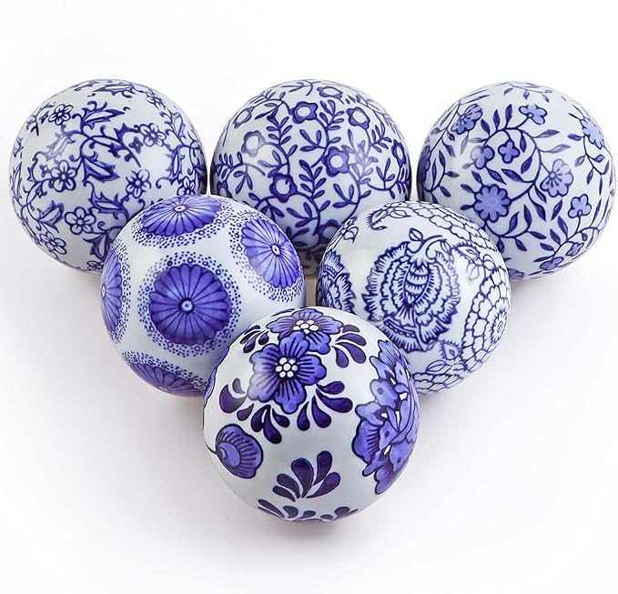 Decorative Porcelain Balls, 3" Centerpiece Balls Set, Floating Ceramic Orbs Spheres for Bowl, Vase, Basket, Dish, Fish Tank, Home Decor, Pack of 6 (Blue and White)