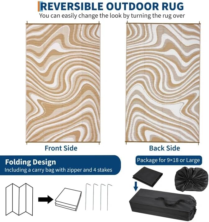 Garvee 10x20 Modern Large Outdoor Rug, Waterproof Rug for Camping, Reversible Plastic Straw Rugs UV Resistant Abstract Carpet for Picnic Backyard Deck Balcony Porch Beach Trailer, Light Brown
