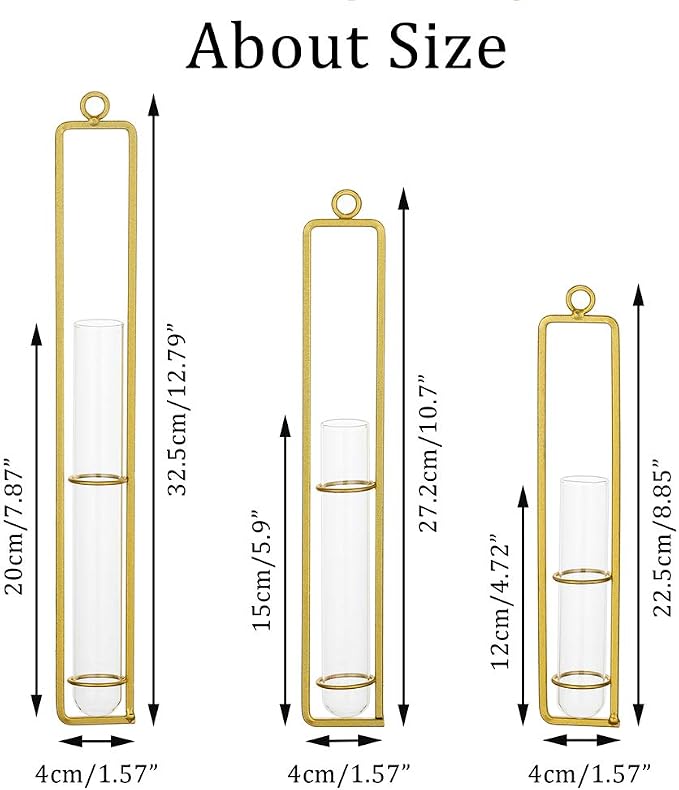 Sziqiqi Glass Propagation Station Test Tube Vases Clear Glass for Cuttings, Buds, Greenery Hydroponic Plant Propagation Home Balcony Bath Wall Decoration Floral Container Set of 3 Gold