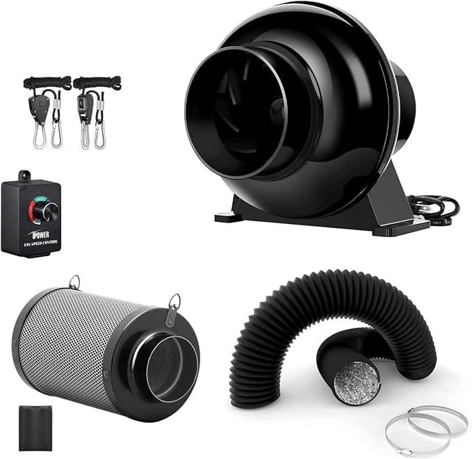 iPower 4 Inch 195 CFM Inline Fan, Air Carbon Filter, 8 Feet PVC Ducting, Speed Controller, Rope Hanger, Vent Exhaust for Grow Tent Ventilation