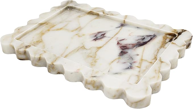 YMXYJM Genuine Calacatta Viola Scalloped Marble Tray, Real Natural Marble Stone Tray, Luxury Decorative Trays for Bathroom, Dresser, Vanity, Kitchen, Home Decor, 10.6" x 8", Calacatta Gold