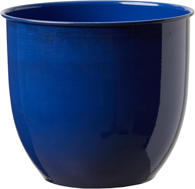 Bloem Canyon 8" Indoor Metal Cachepot - Glossy Decorative Planter with Powder-Coated Finish, Removable Drain Plug, Cobalt