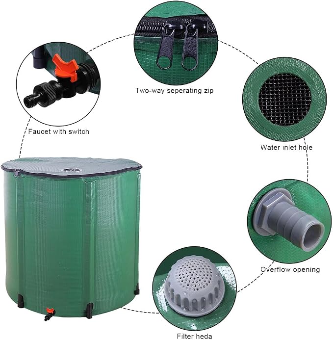 200 Gallon Folding Rain Barrel Water Tank, Portable Water Storage Tank, Rainwater Collection System Downspout, Upgraded Water Catcher Container with Filter (200 Gallon, Green)