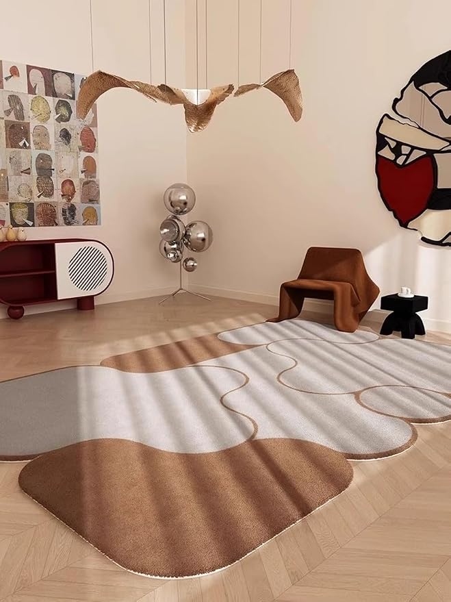 Modern Minimalist Abstract Geometric Splicing Pattern Brown Grey Unique Shaped Rug for Bedroom Guestroom Office Conference Room Aesthetic Ultra Thin Non-Slip Faux Wool Low-Pile Throw Carpet 5x7