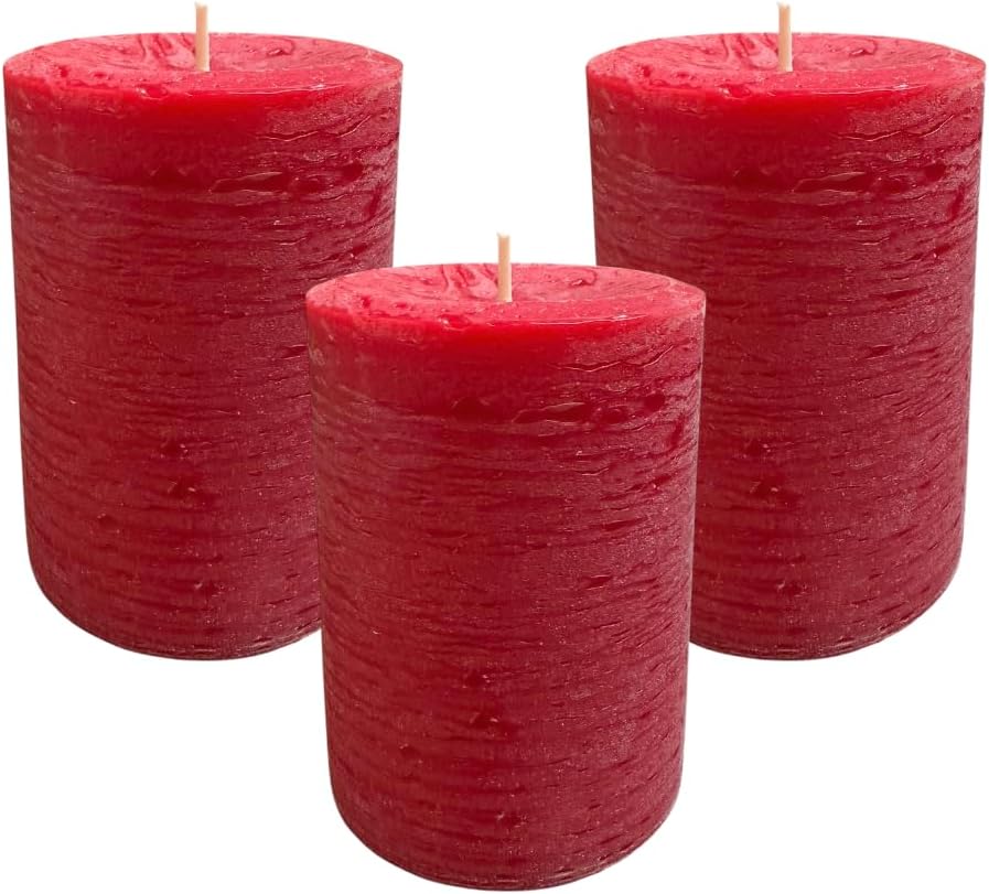 Mister Candle Dripless Unscented Rustic Red Pillar Candles, Set of 3 Hand Poured Solid Color Candles for Holidays, Home Decor, Premium Wax, 60 Hr Burn Time, 3x4 Inch (Rustic Red) by MisterCandle