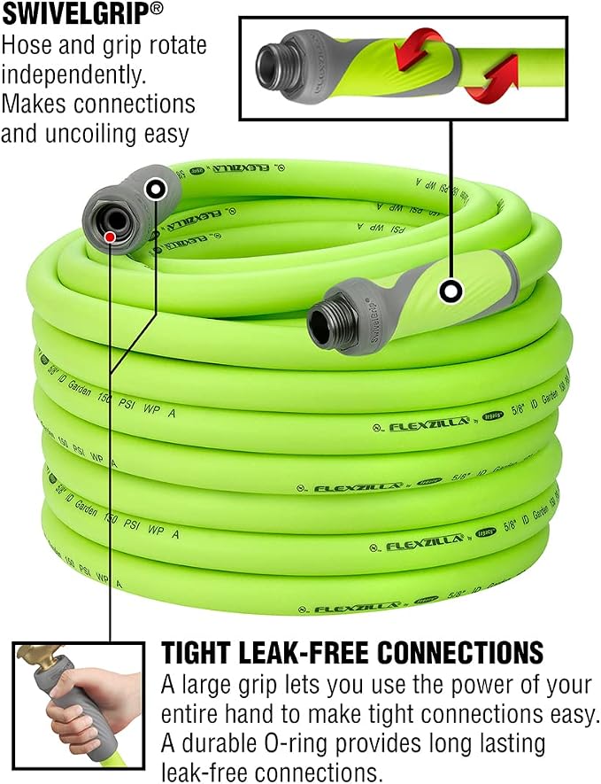 Flexzilla Garden Hose with SwivelGrip, 5/8 in. x 100 ft., ZillaGreen & Garden Hose 5/8 in. x 100 ft., Heavy Duty, Lightweight, Drinking Water Safe, ZillaGreen