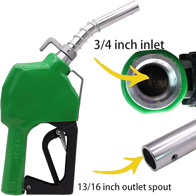 3/4" Inch NPT Auto Fuel Nozzle Automatic Shut Off Pressure Sensitive W/360° Hose Swivel Gas Fuel Transfer Pump Nozzle,13/16" Spout,Copper Valve, 16 gpm Flow Rate for Diesel,asoline,Green+Hook