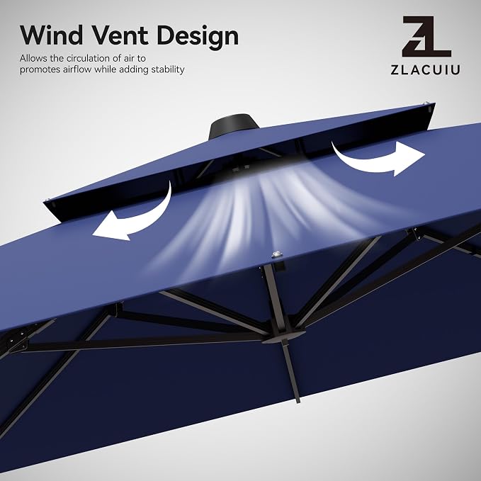9x12FT Navy Blue Cantilever Outdoor Patio Umbrella with Base, Large Rectangular Offset Design, Double Top Heavy Duty Aluminum Frame & 360° Rotation for Pool Garden Deck Backyard
