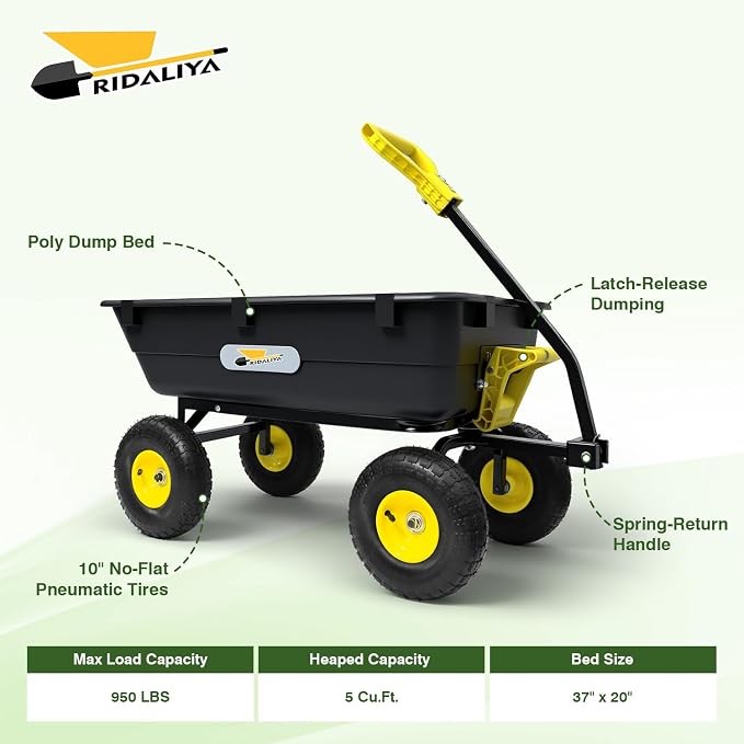 Garden Dump Cart, 5 Cu.Ft. Heavy-Duty Utility Wagon with 950lbs Capacity, 10" All Terrain Tires, 180° Rotating 2-in-1 Convertible Handle, for Yard, Lawn, and Outdoor Use