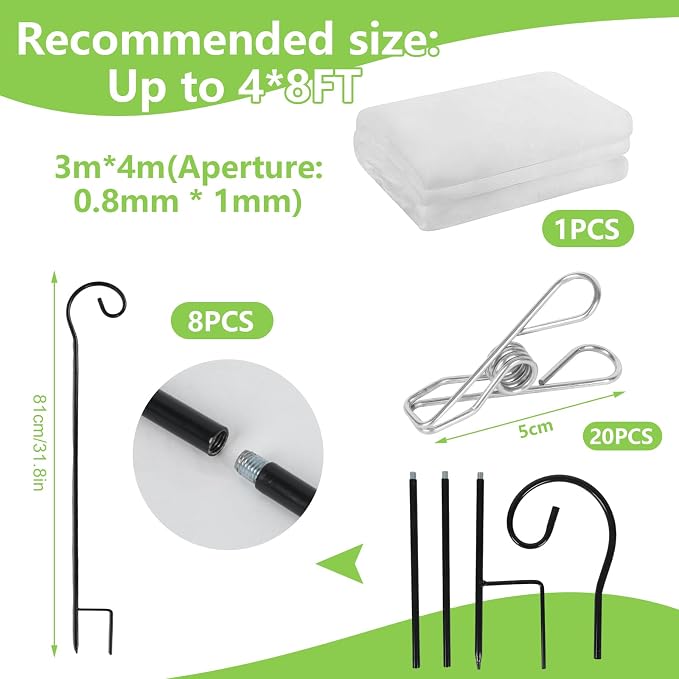 Garden Netting Kit for Raised Beds, 10 x 13 FT Ultra Fine Insect Mesh with 8 Upgraded Hook-Top Stakes & 20 Clips, Plant Cover for Vegetables, Fruits & Pest Protection
