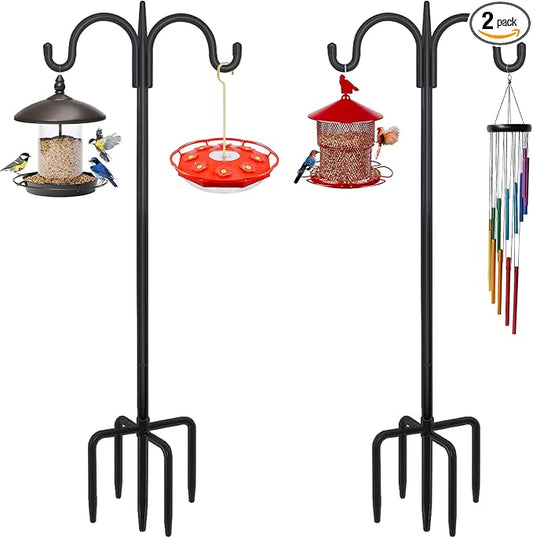 FEED GARDEN Heavy Duty Shepherds Hook 2 Pack 76" Double Hooks Adjustable (44/60/76") - Metal 5-Prong Base, 17lb Capacity - Easy Assembly Bird Feeder Pole for Hanging Planters, Lanterns, Wind Chimes