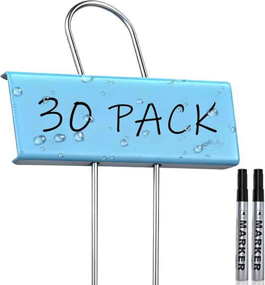30-Pack Rust-Proof Metal Plant Labels with Galvanized Stakes, Height 10.6" Label Area 3.5"x1.2", Waterproof Weatherproof Garden Markers, Reusable Tags with 2 Pens (Blue)