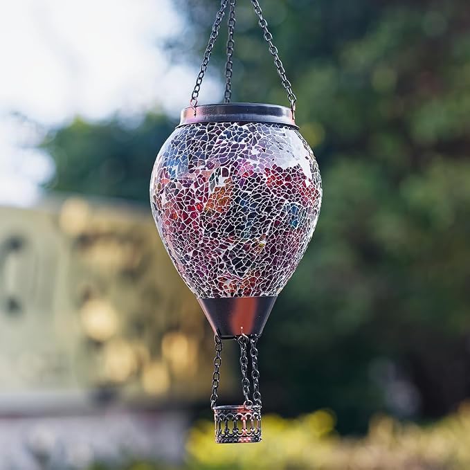 Hot Air Balloon Solar Lantern with Flame | Handmade Glass, Flickering Flame, Waterproof Outdoor Lantern, for Patio, Garden, Porch, Red & Brown