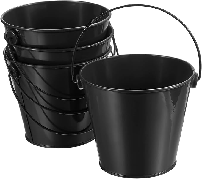 PATIKIL 4.7 Inch Colored Metal Buckets, 4 Pack Pencil Holder Buckets Round Metal Planter Pails Container with Handles for Classroom Crafts, Black