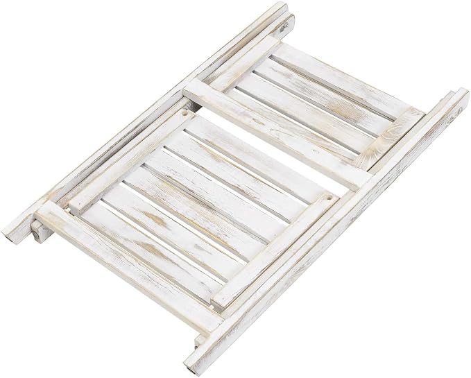 MyGift 2 Tier Rustic Whitewashed Solid Wood Freestanding Foldable Indoor Plant Stand, Decorative Wooden Display Shelf