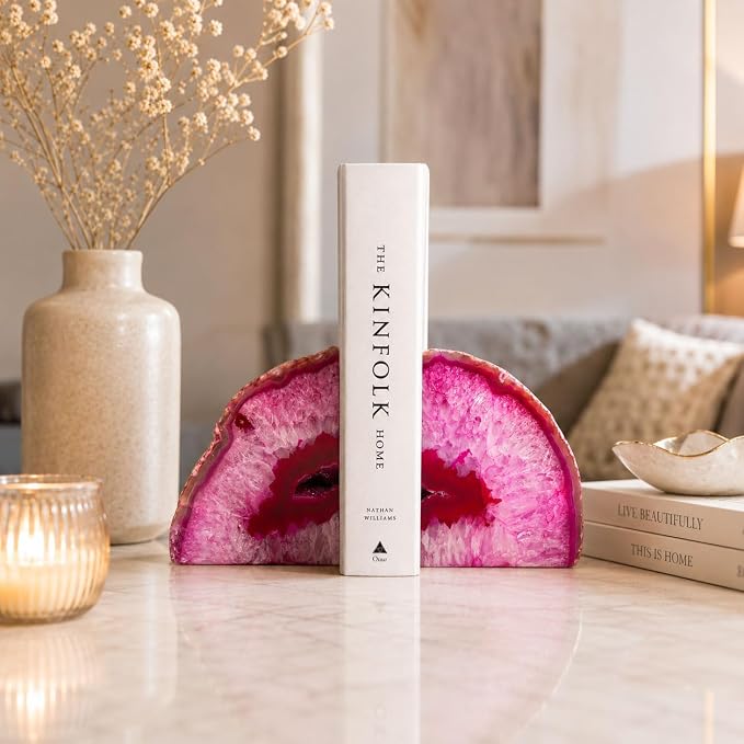 Natural Pink Dyed Agate Geode Bookends - 2 to 3 lb Heavy Duty Rock Crystal Stone Book Ends for Shelves, with Rubber Bumpers, Decorative Book Holders for Home Office