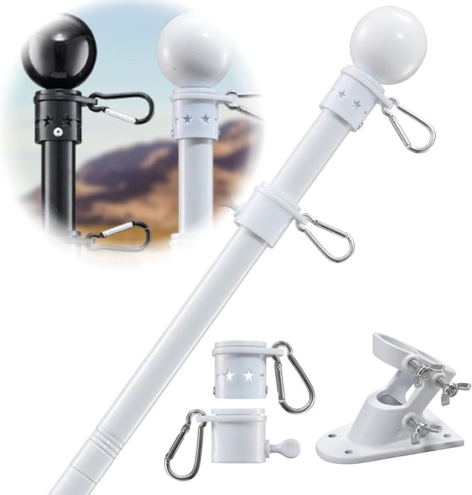 Flag Pole Holder for Outside House - 6ft Stainless Steel Heavy Duty Flagpole Kit,Tangle Free,2 Angle Bracket Mount for Grommet Flags,Banner,Garden Flag, Outdoor Residential Commercial Use,White