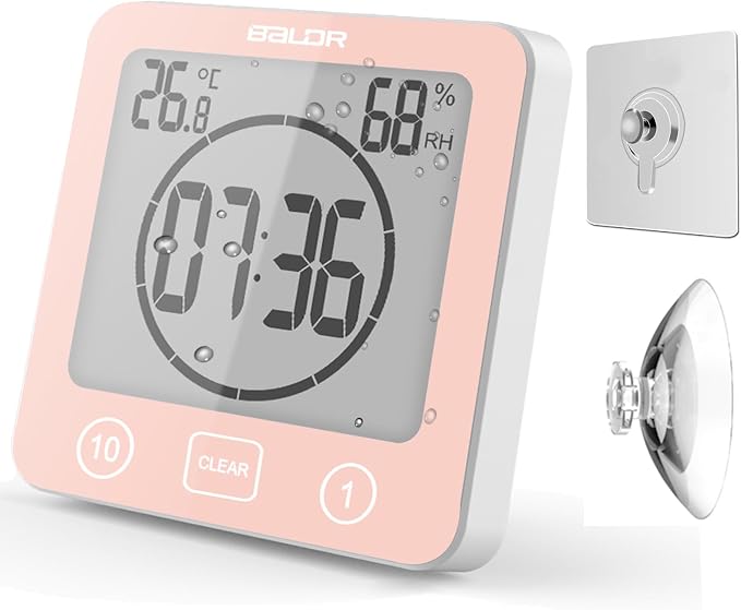 Rohome Digital Timer Waterproof Wall Clock, Kitchen Countdown Timer, Shower Clock with Temperature Humidity, Mirror Suction Cup Bathroom Timer, Wall Hanging for Bath Spa Basement Swimming Pool (Pink)