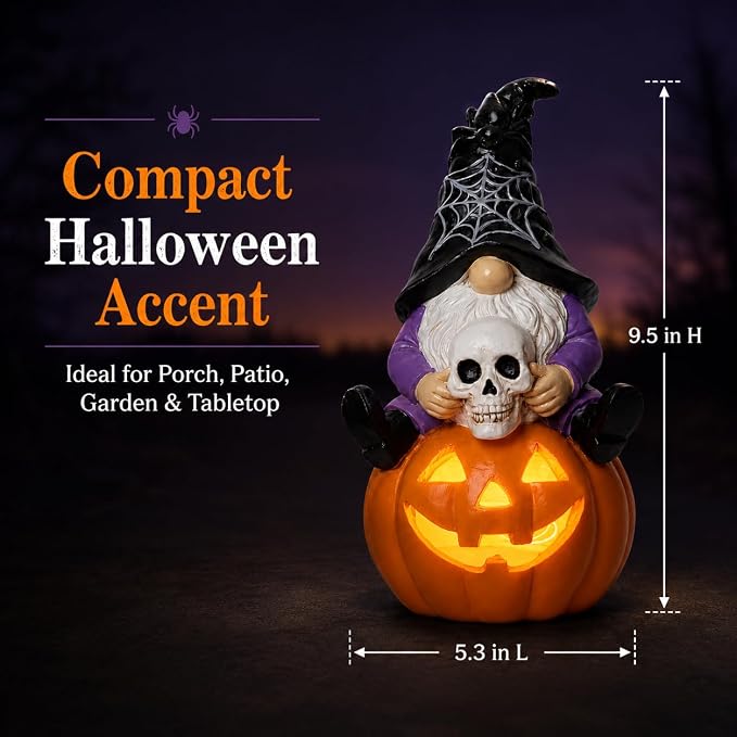 Solar Halloween Gnome Statue Outdoor Decor Lighted Pumpkin Garden Figurine | Halloween Yard Decoration for Patio Lawn Entryway Solar Gnome Statue Outdoor Decor Lighted Pumpkin Skull Garden Figurine