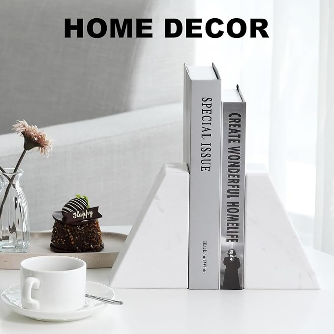 Karibiber Marble Bookends for Heavy Books, Decorative Book Ends for Shelves, White Stone Durable and Heavy-Duty Book Ends for Hardback Books & CDS, Unique Book Stopper & Holder, Set of 2