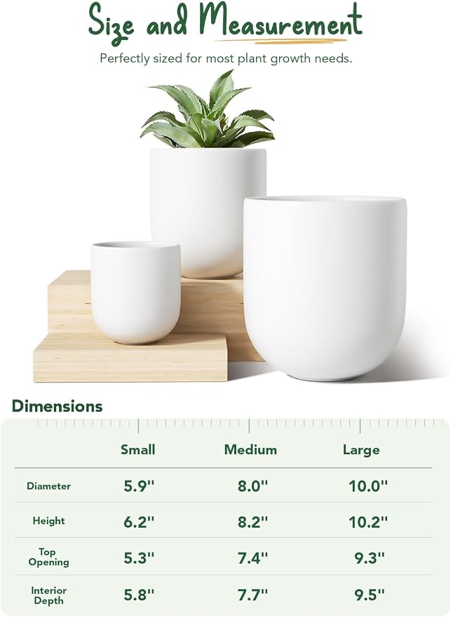 LE TAUCI 6+8+10 Inch Ceramic Pots for Plants, Plant Pots Indoor with Drainage Hole and Plug, Planter Pots for Home Office Room Patio, Set of 3, White
