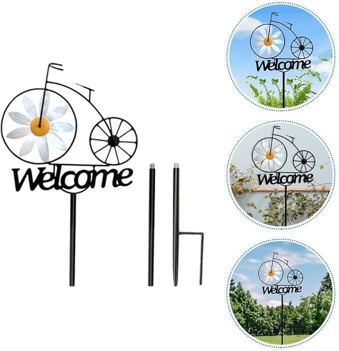 SUPVOX Metal Wind Spinner, Bicycle Wind Spinners Garden Metal Sunflower Stake with Welcome Sign Antique Bike Stake Decoration Outside Garden Decor for Patio Lawn