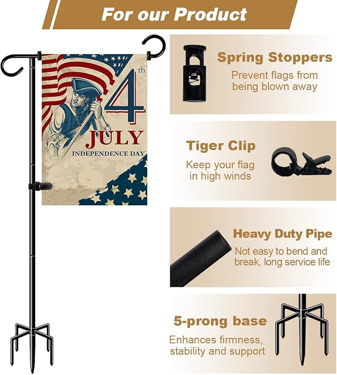 51 Inch Tall Garden Flag Stand Holder with 5 Prong base, Yard Flag Pole Holder for 12x18 Outdoor Small Flag Decor with Two Spring Stoppers and a Tiger clip, 2 Pack