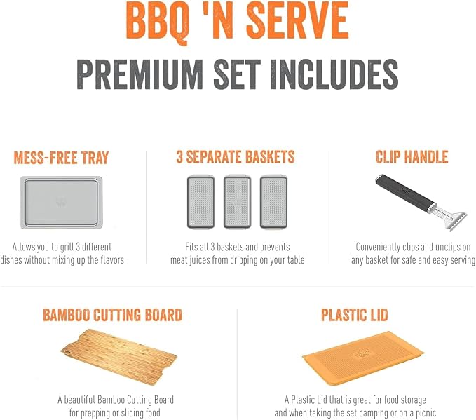 Yukon Glory™ BBQ 'N SERVE Premium Set, Includes 3 Grill Baskets, Serving Tray, Bamboo Cutting Board, Plastic Lid and Clip-on Handle | 7-piece complete set | RUST-PROOF & WARP-PROOF | Bamboo board | Serving station | Clip-on handle | Dishwasher safe