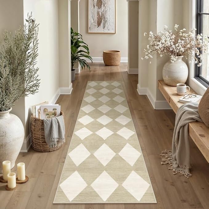 2x8 Washable Runner Rug Kitchen Beige Non Slip Checkered Carpet | Soft, Low Pile, Easy Clean, Diamond Pattern for Hallway, Entryway, Laundry Room, Bathroom, Modern Neutral Decor