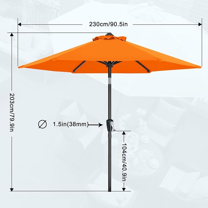MASTERCANOPY 7.5FT Patio Umbrella with Push Button Tilt and Crank, Outdoor Market Umbrella with 6 Sturdy Ribs, UV Protection & Waterproof for Garden, Deck, Backyard, Pool (Orange)