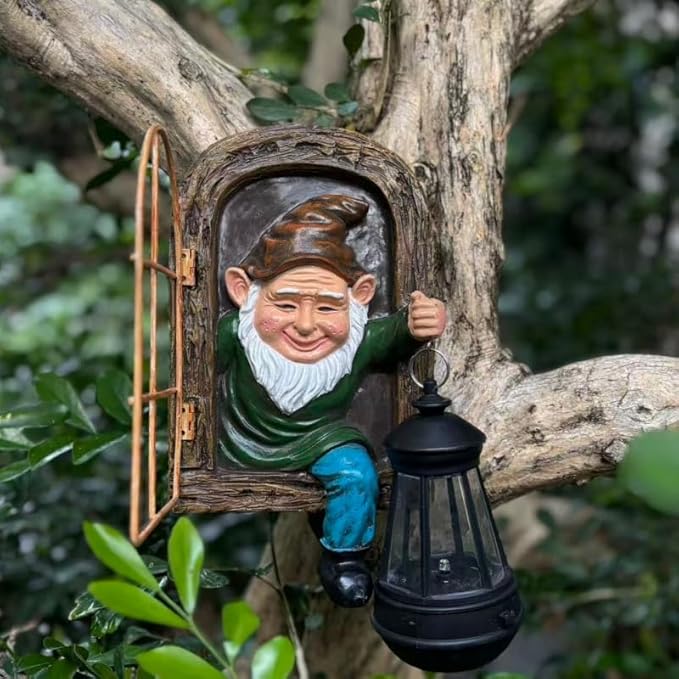 Garden Gnome Statue with Solar Lights Mom Dad Gifts Summer Decor Fairy Garden 10 in Elf Outdoor Tree Hugger Statues- Tree Face Sculpture, Yard Art for Patio,Fence,Lawn,Wall Gnomes Ornament