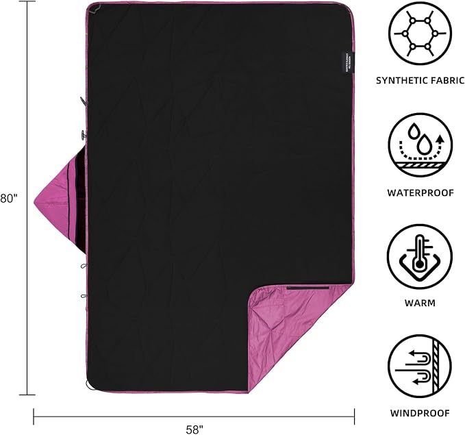 Large Waterproof Outdoor Blanket Thick Fleece 80" x 58" | Windproof Stadium Blanket, Wearable Poncho, Machine Washable for Camping, Car, Pet, Picnics - Rose Purple Hooded