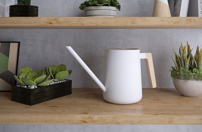 35 Ounce Metal Small Indoor Watering Can with Long Spout & Real Wood Handle for House Plants, Succulents, Cacti & Seedlings - White Long Spout Watering Can Indoor Plants - Gentle Flow & No Spills