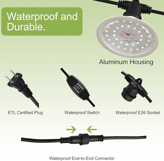 Outdoor Grow Lights for Plants, Full Spectrum Greenhouse Grow Light, Outdoor Waterproof Appearance Patent Design, 42FT Adjustable Cord for Vegetables, Seedlings, Flowers (12 Lights)