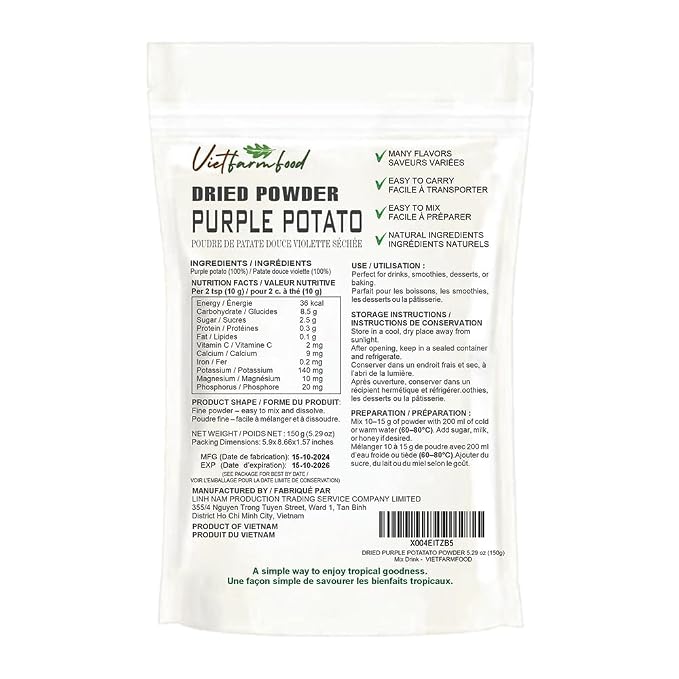 PURPLE POTATO POWDER 5.29 oz (150g) VIETFARMFOOD: Pure freeze-dried vegetable powder, made from real vegetables with no added sugar - Perfect for daily nutrition to keep your body full of vitality