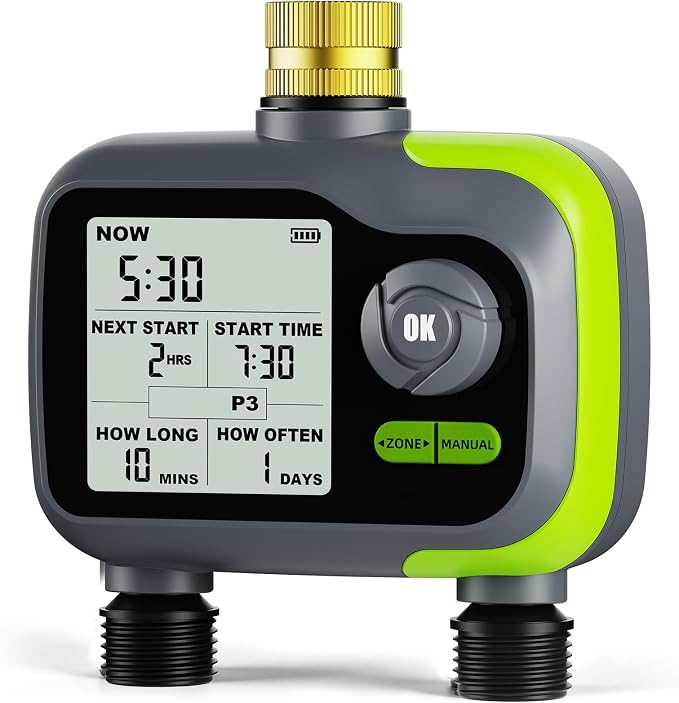 Sprinkler Timer, Watering Timer for Garden Hose, 2 Outlets Programmable Hose Timers with Rain Delay, Outdoor Soaker Auto & Manual Drip Irrigation Controller System for Lawn Yard Greenhouse