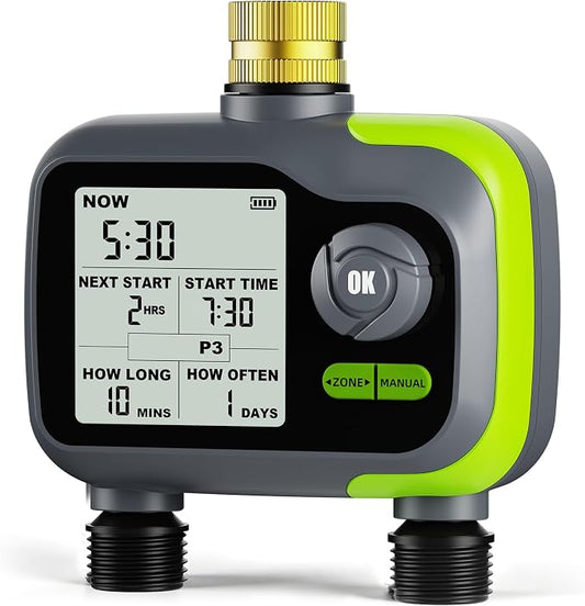 Sprinkler Timer, Watering Timer for Garden Hose, 2 Outlets Programmable Hose Timers with Rain Delay, Outdoor Soaker Auto & Manual Drip Irrigation Controller System for Lawn Yard Greenhouse