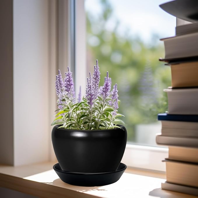 Ceramic Plant Saucer Tray 4 Pcs 4 5 Inch Black, 5" OD x4.25 ID x1.18 Deep| Round Sturdy Heavy Duty Glazed Bevel Planter Drip Flower pots with Catch Basin for Indoor Outdoor Plants