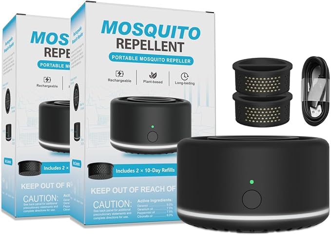 Virine Mosquito Repeller 2 Pack, Portable Mosquito Repellent Devices with 4 Refills, Fan-Powered Diffusion Mosquito Deterrent for Patio, Camping and Outdoor Use, USB-C Charging, Adapter Not Included