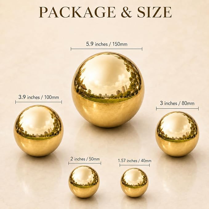 Gazing Ball Garden Mirror Outdoor - Outside Decorative Globe, Gold, 10Pcs | Metal Polished Reflective Sphere, Stainless Steel Hollow Decoration Ornament for Home Pond Swimming Pool Housewarming Gift
