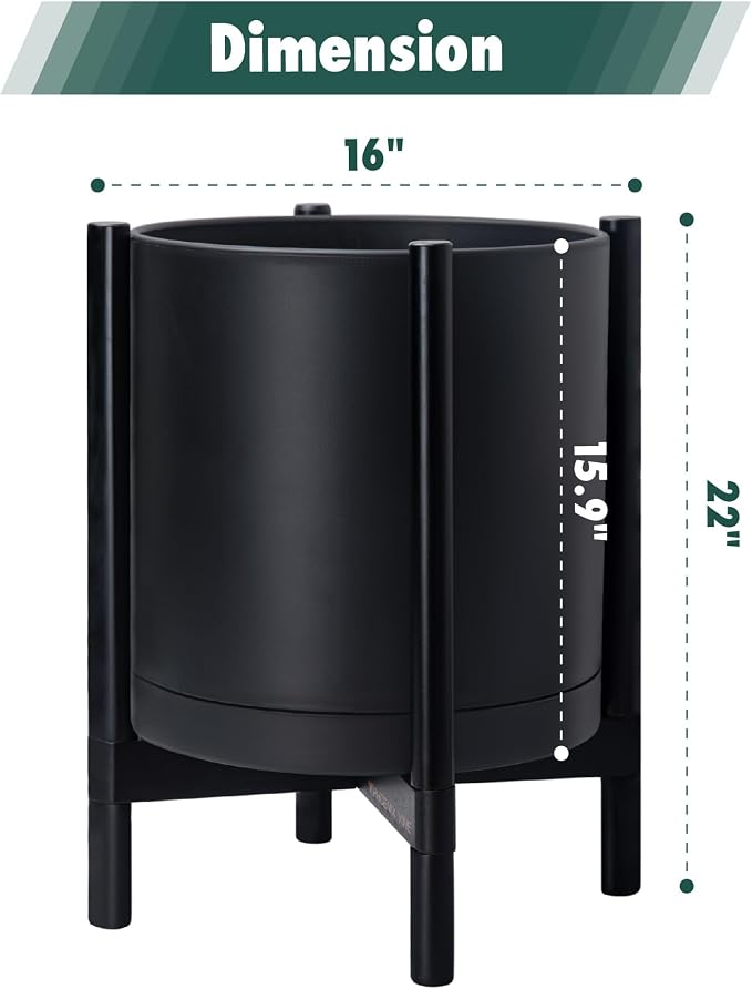 D'vine Dev Planter Pot with Stand - 16 Inch Plastic Cylinder Flower Pot with Wood Planter Holder for Indoor, Matte Black Pot + Ebony Stand, 55-C-Z-2