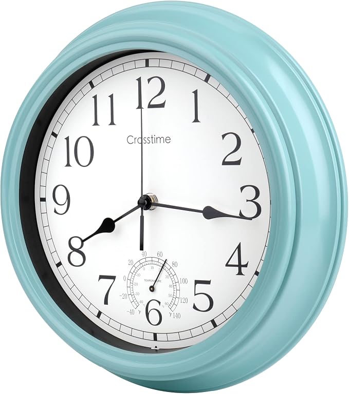 Crosstime 16 Inch Large Outdoor Clock Waterproof with Thermometer - Vintage Indoor Outdoor Wall Clocks for Patio,Pool,Garden,Home Decor - Teal