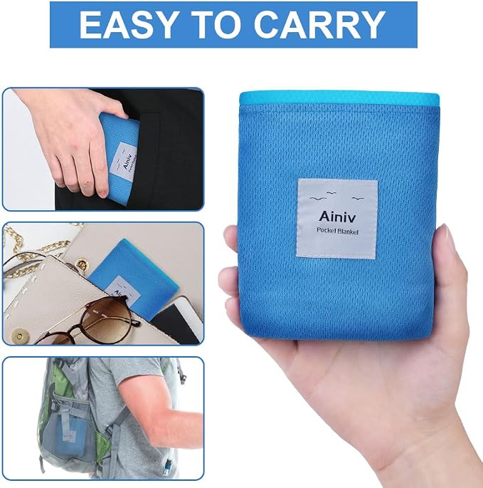 Ainiv Picnic Blanket, Mini Pocket Beach Mat 55.1 x 70.8IN (3-5 People) Foldable, Lightweight Waterproof Sand Free, Foldable Thin Ground Sheet for Outdoor Camping Hiking Travel - with Hand Strap