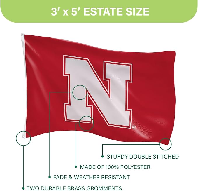 NCAA University of Nebraska Flag with Grommets, 3'x5' Nebraska Cornhuskers Outdoor College Flags & Banners for Garden Patio Indoor Wall Décor