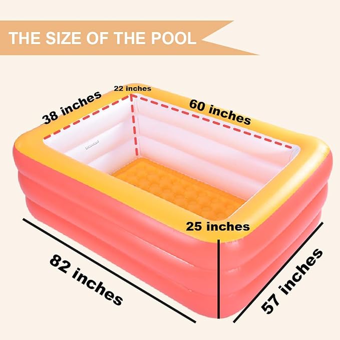 Inflatable Pools for Kids and Adults, 82" X 57" X 25" Kiddie Pools with Inflatable Soft Floor, Durable Family Swimming Pool for Backyard, Garden or Indoor (Orange)