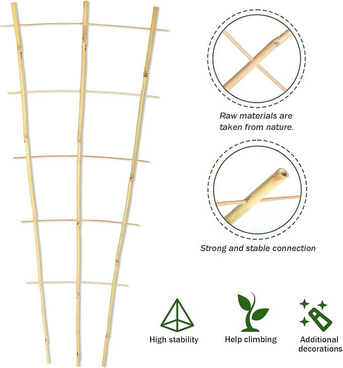 Jollybower 3PCS Fan-Shaped Bamboo Trellis, 2Ft Plant Trellis Indoor, Small Trellis for Potted Plants Indoor, Climbing Plants, Vegetables