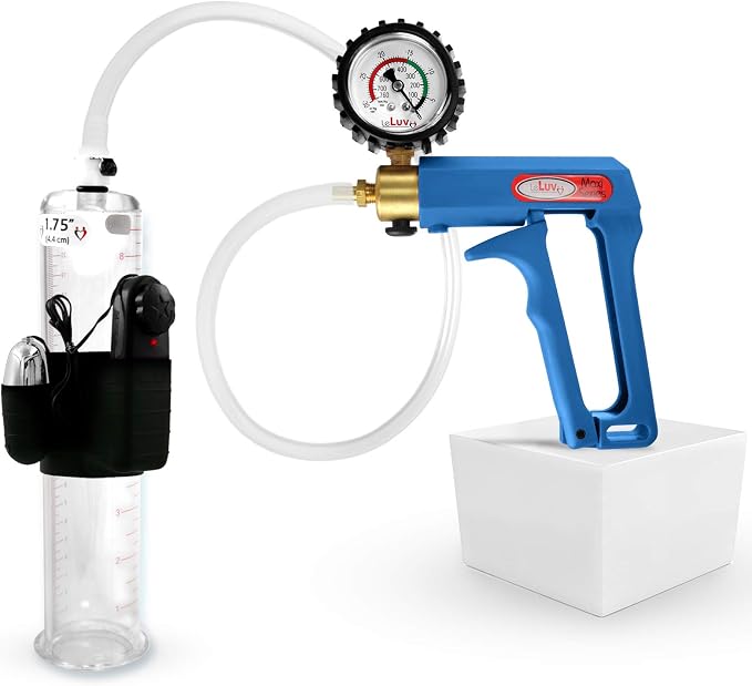 LeLuv Vibrating Penis Pump Maxi Blue Handle + Protected Gauge and Clear Hose - 9 inch Length x 1.75 inch Diameter Cylinder