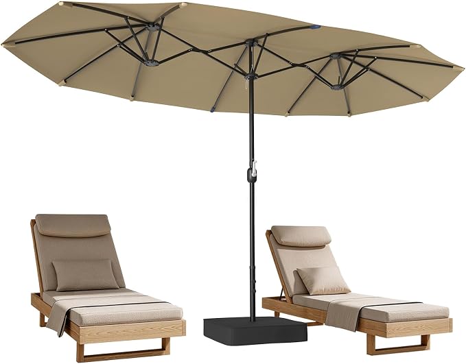 Suteck 15FT Patio Umbrella with Base Included - Double-Sided Outdoor Large Umbrella with & Crank Handle, UV & Fade Resistant Canopy for Poolside, Backyard, Deck and Market (Beige - with Base)