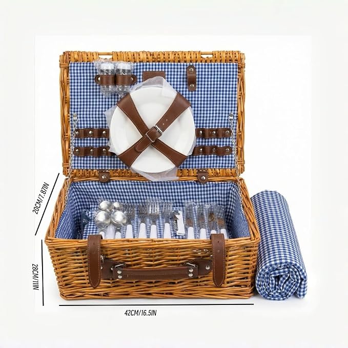 Multifunctional Wicker Picnic Basket Set for 4 Blanket Family Folding Wine Table,Insulated Portable Extra Big Storage Capacity Woven Rattan Canasta De Full Tablewares Camping Outdoor Flowers Blue