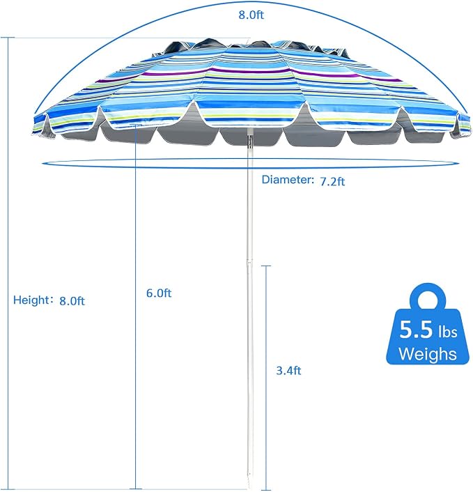 Tangkula 8FT Beach Umbrella, Portable Outdoor Sunshade Beach Umbrella with Sand Anchor & Tilt Mechanism, 16 Sturdy Fiberglass Ribs, Carrying Bag for Garden, Patio (Blue)